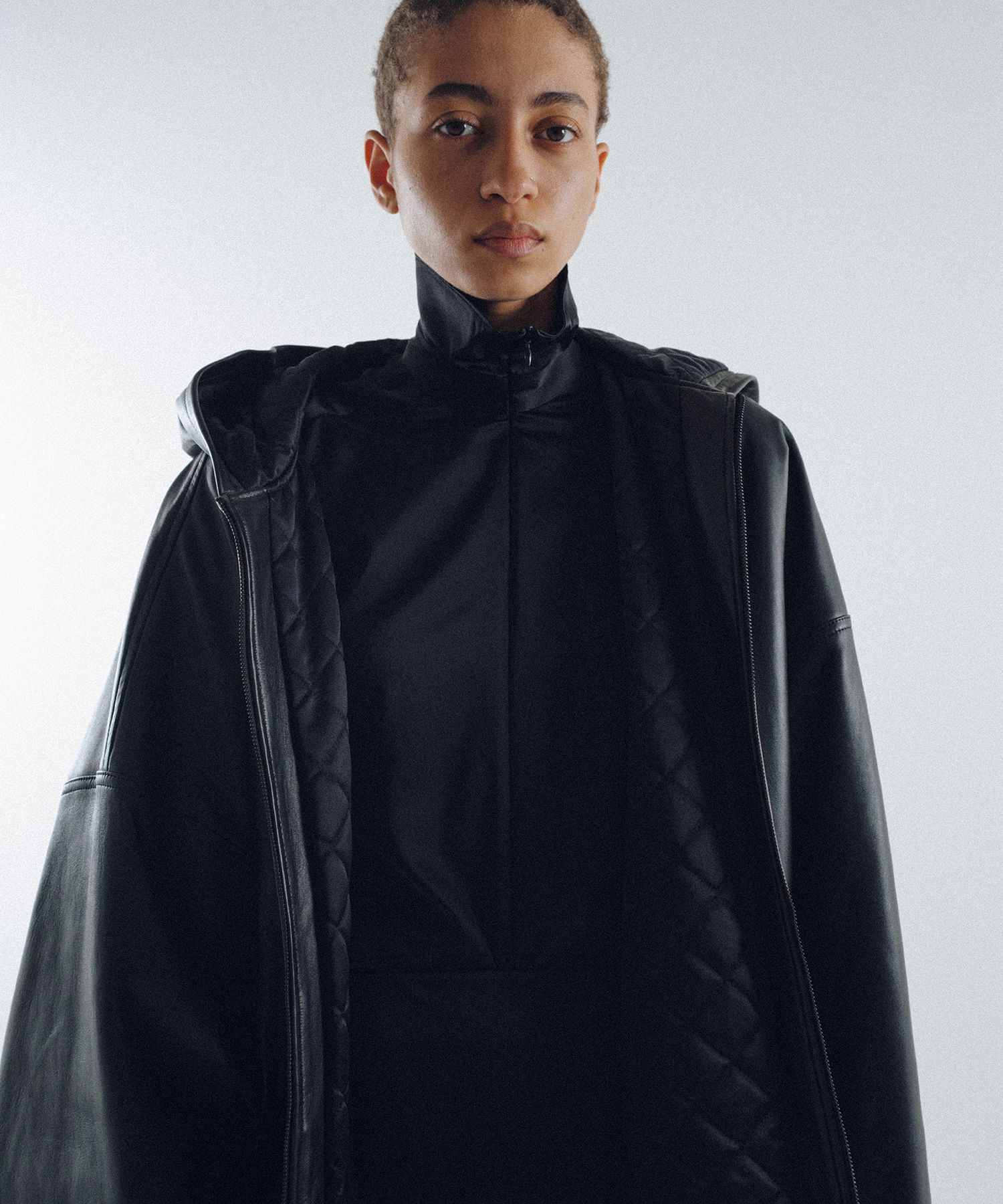 Quilted Silk Lining Hoodie Leather Jacket