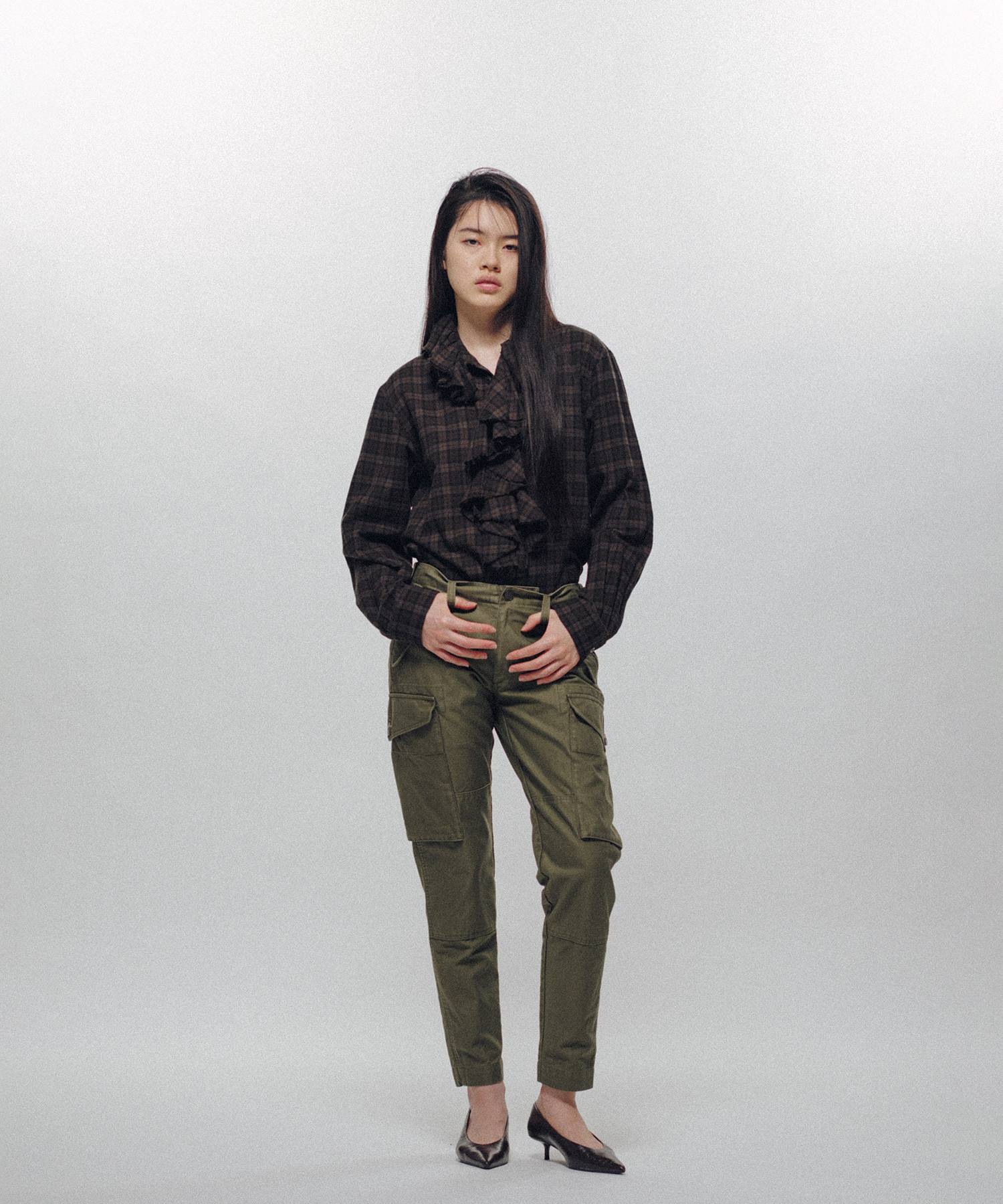 Ruffle-Trimmed Plaid Flannel Shirt