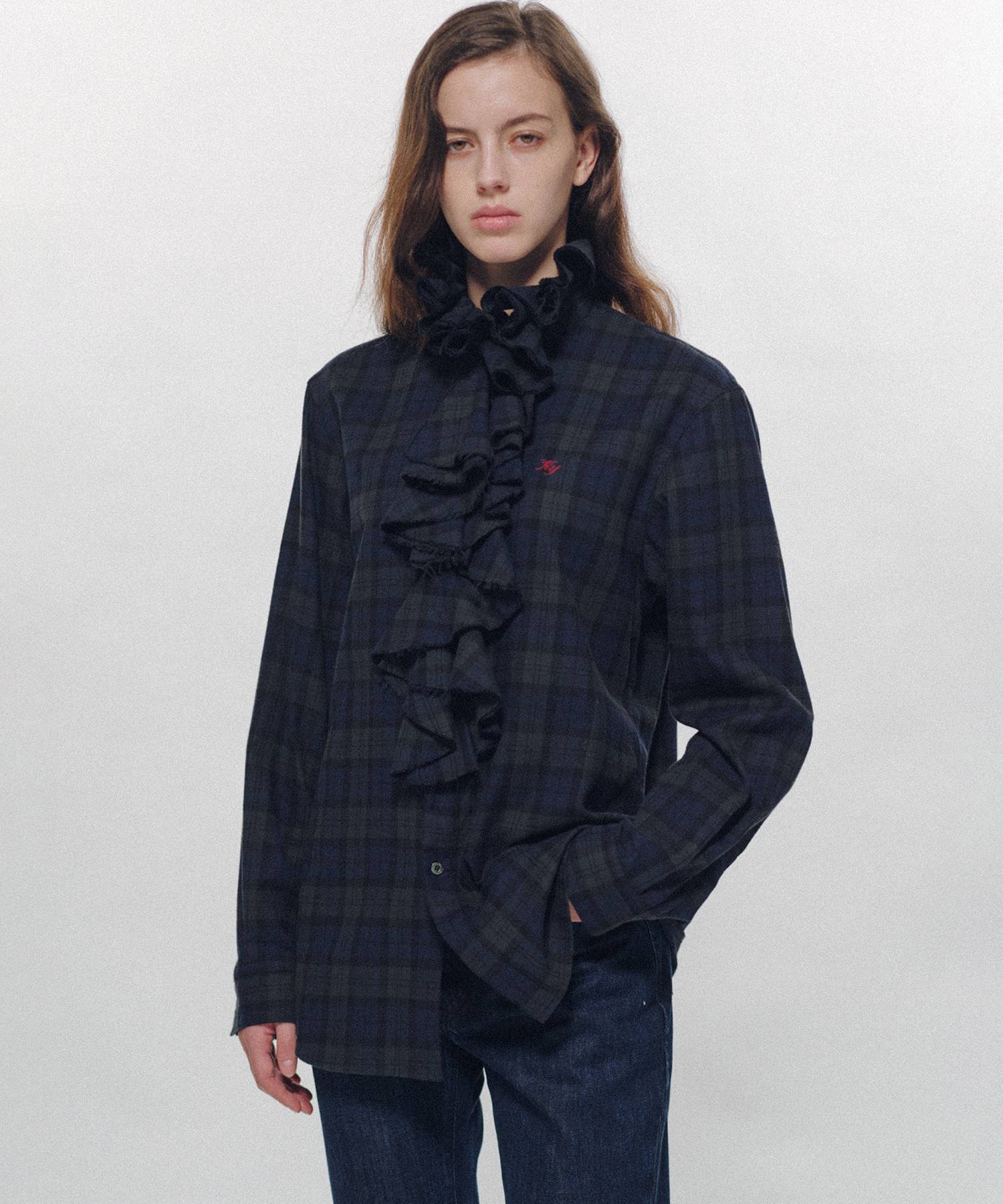 Ruffle-Trimmed Plaid Flannel Shirt