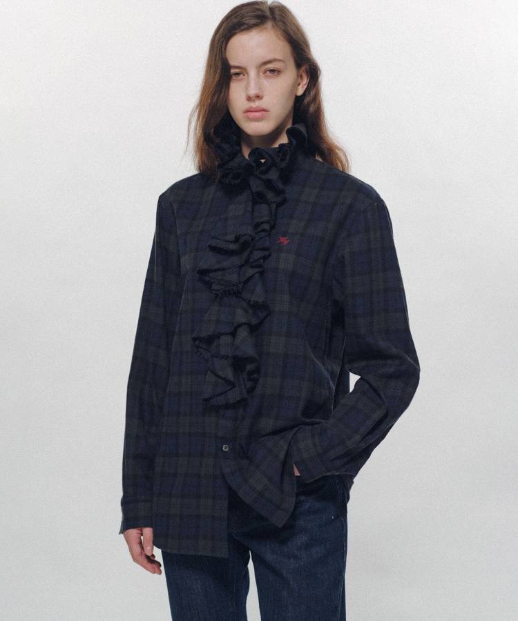 Ruffle-Trimmed Plaid Flannel Shirt
