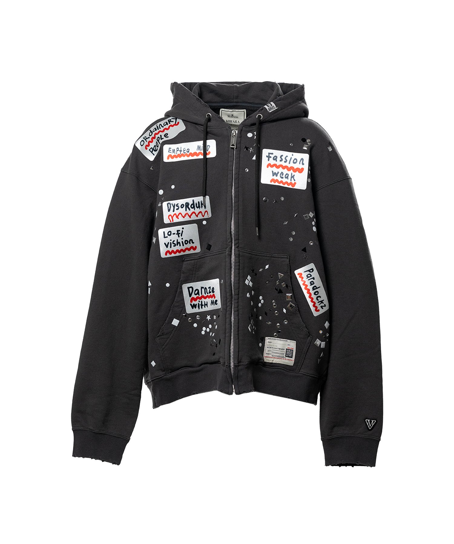 Embellished Sticker Zip-Up Hoodie