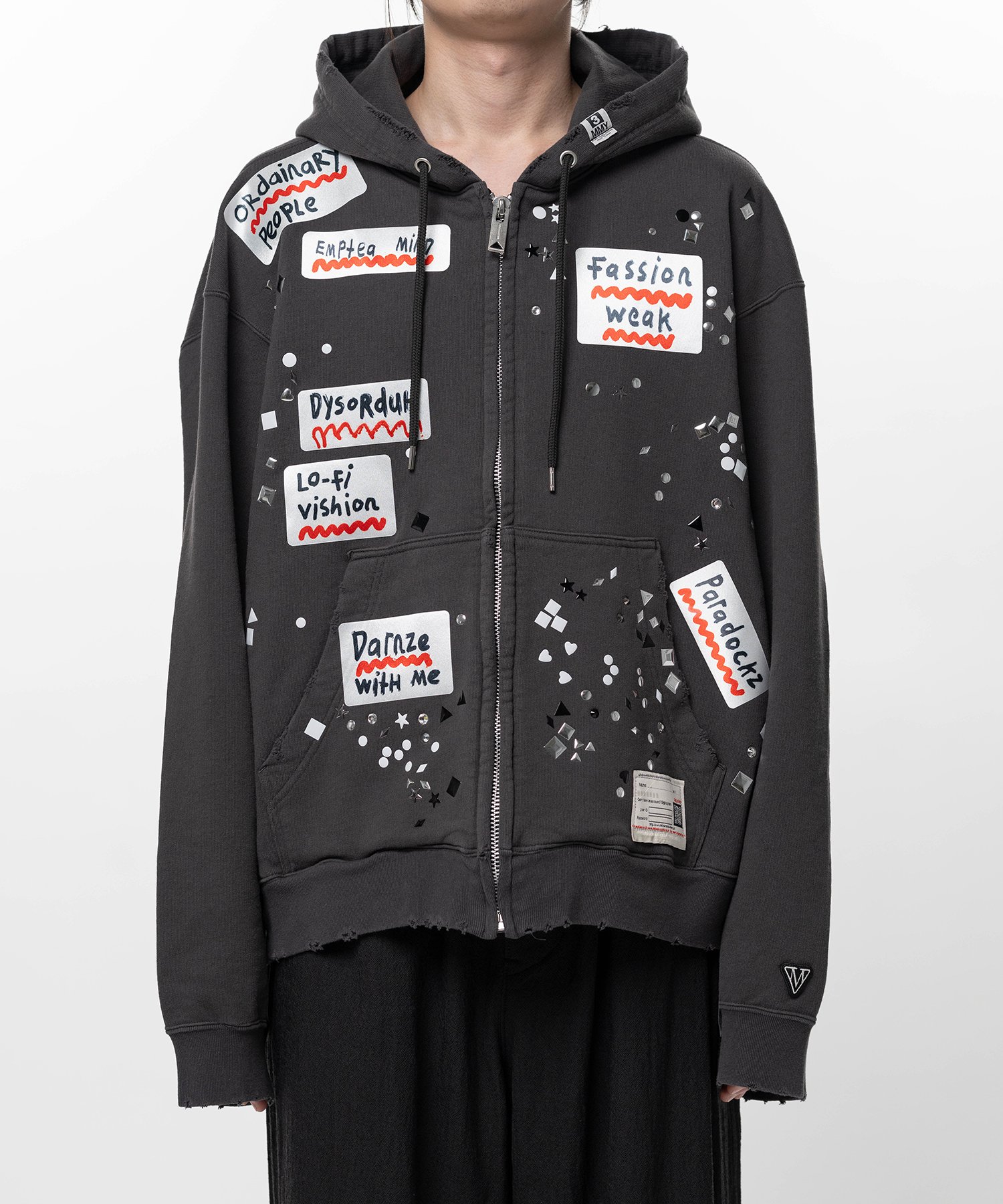 Embellished Sticker Zip-Up Hoodie