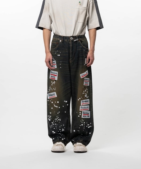 Embellished Sticker Denim Pants
