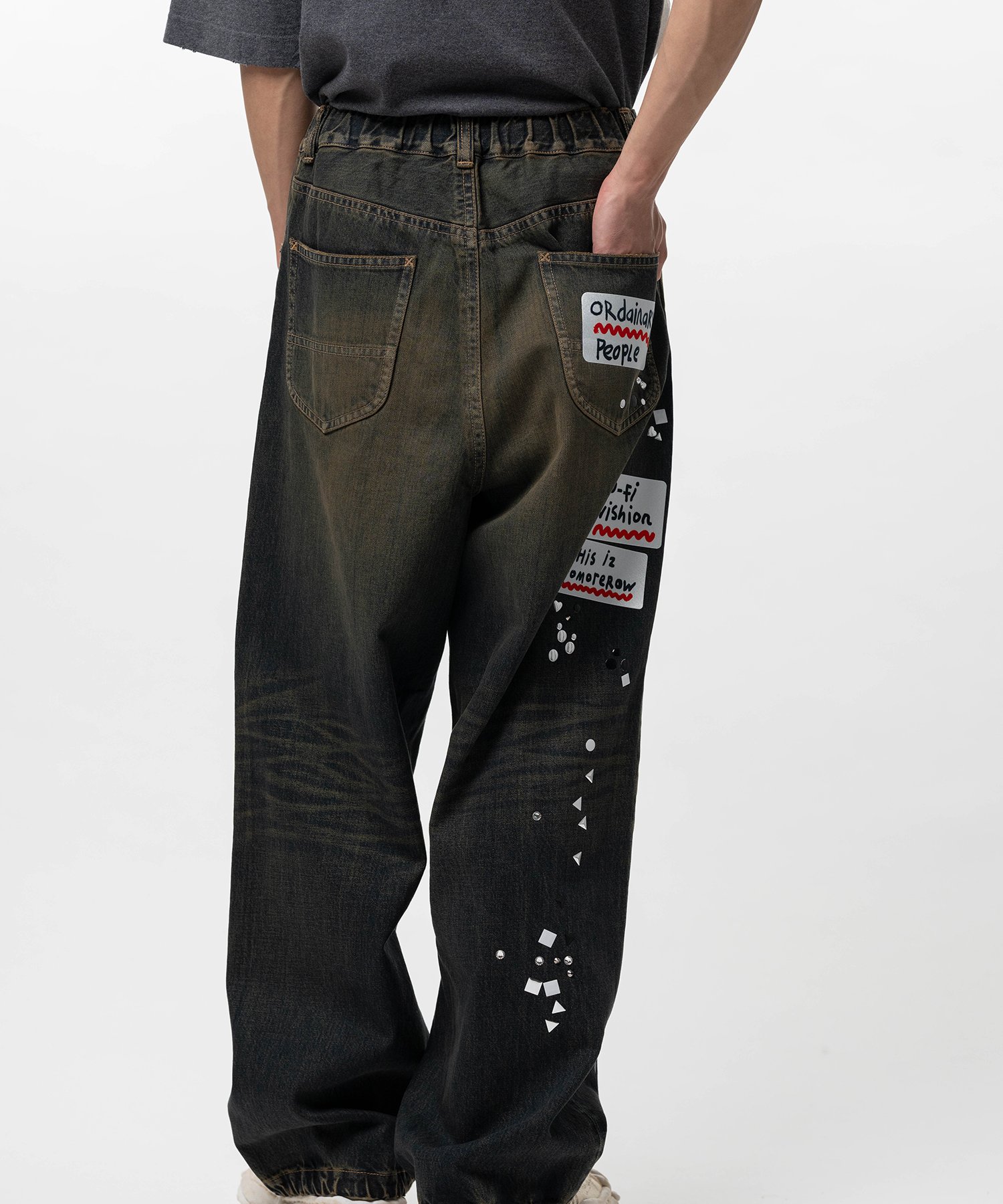 Embellished Sticker Denim Pants