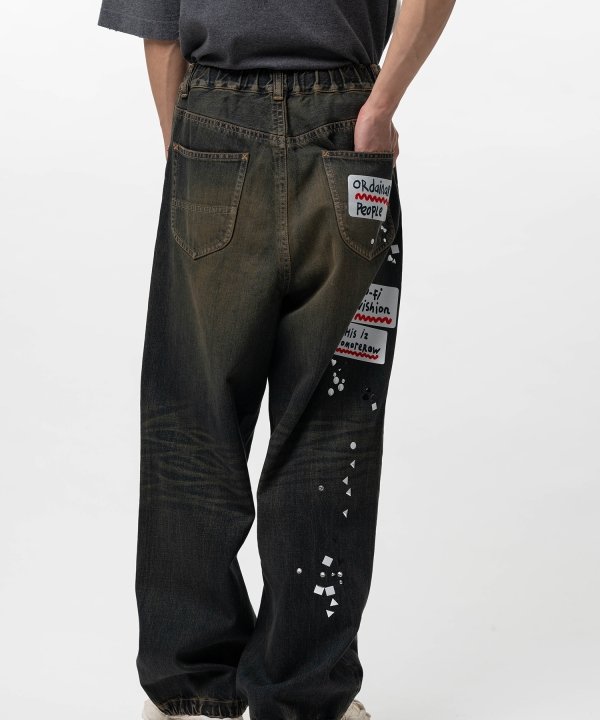Embellished Sticker Denim Pants