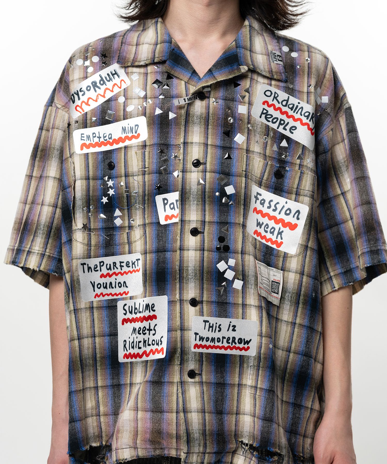 Embellished Sticker Short Sleeve Check Shirt