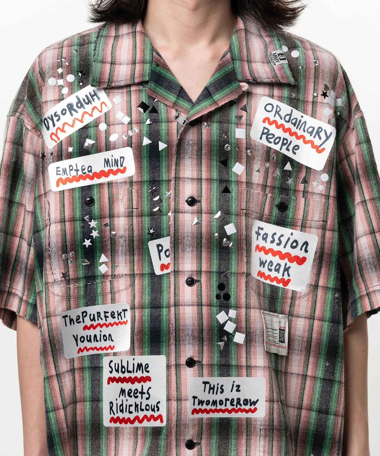 Embellished Sticker Short Sleeve Check Shirt