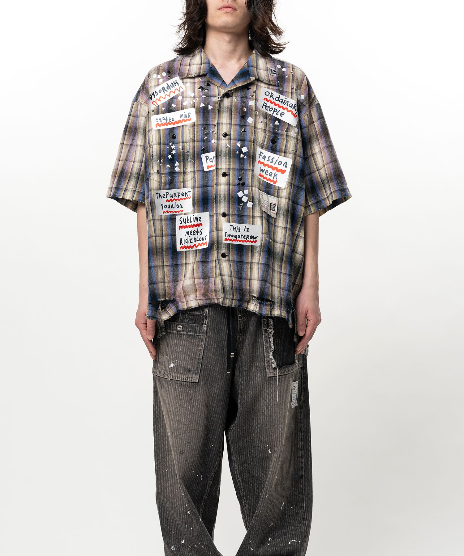 Embellished Sticker Short Sleeve Check Shirt