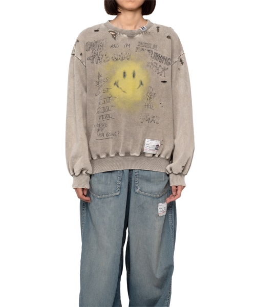 Smile Face Print Bleached Sweatshirt