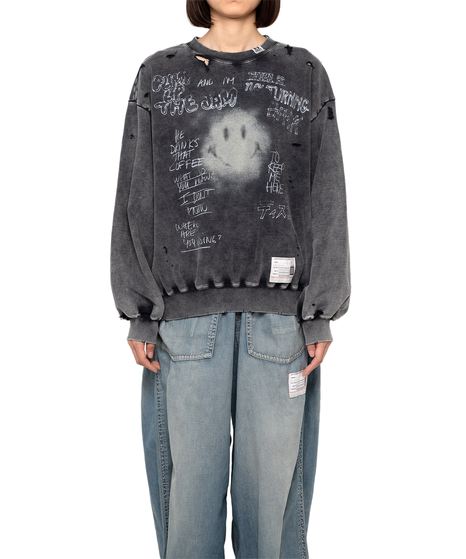 Smile Face Print Bleached Sweatshirt