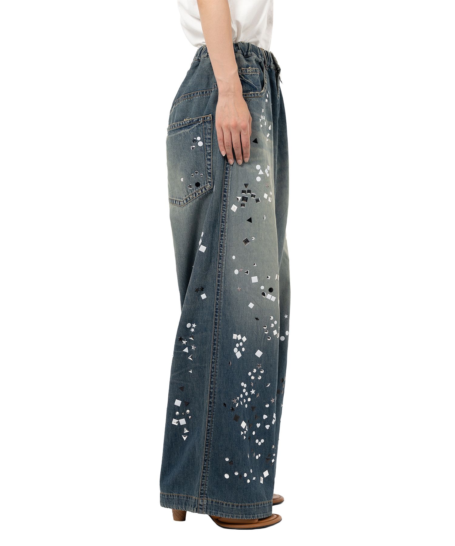 Embellished Denim Wide Pants