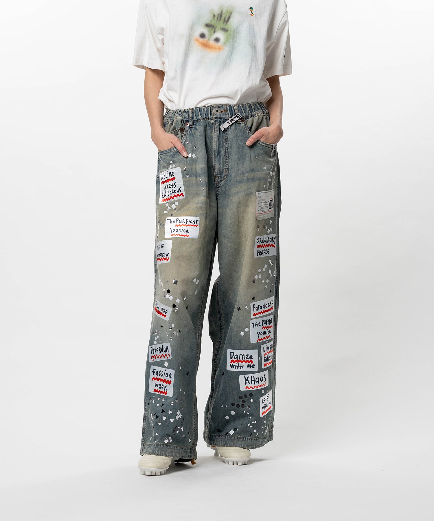 Embellished Sticker Denim Pants