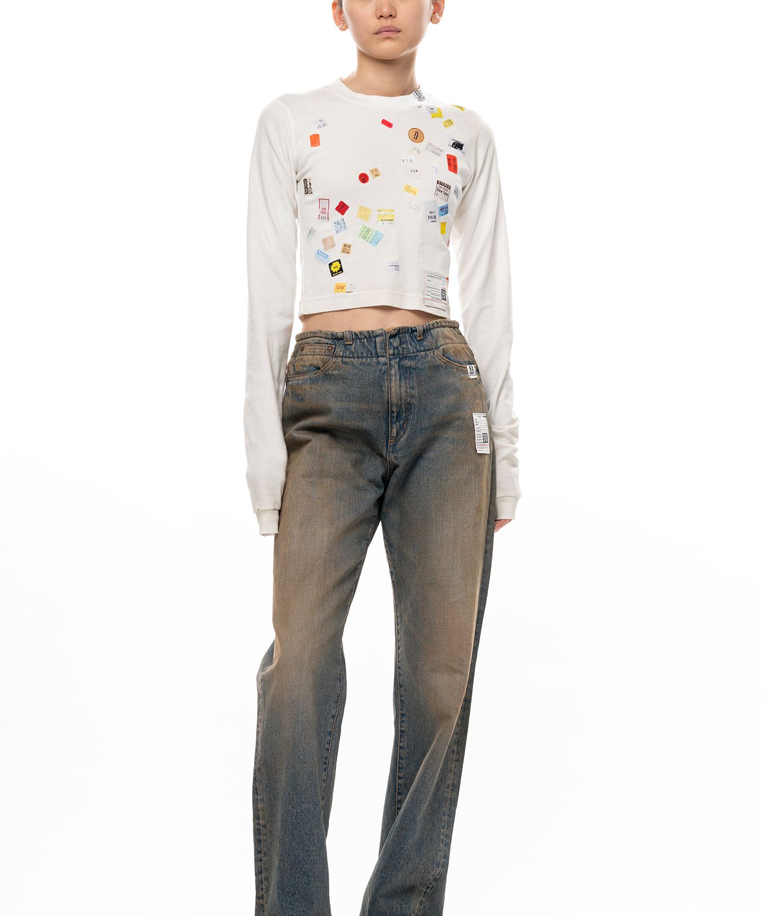 Price Tag Sticker Printed Cropped Long Sleeve T-shirt
