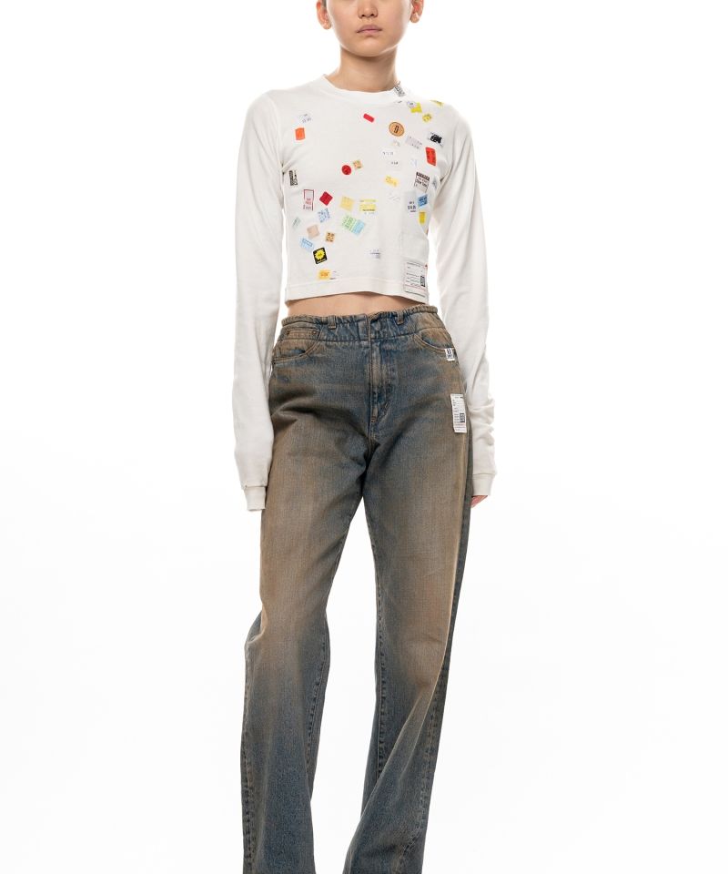 Price Tag Sticker Printed Cropped Long Sleeve T-shirt