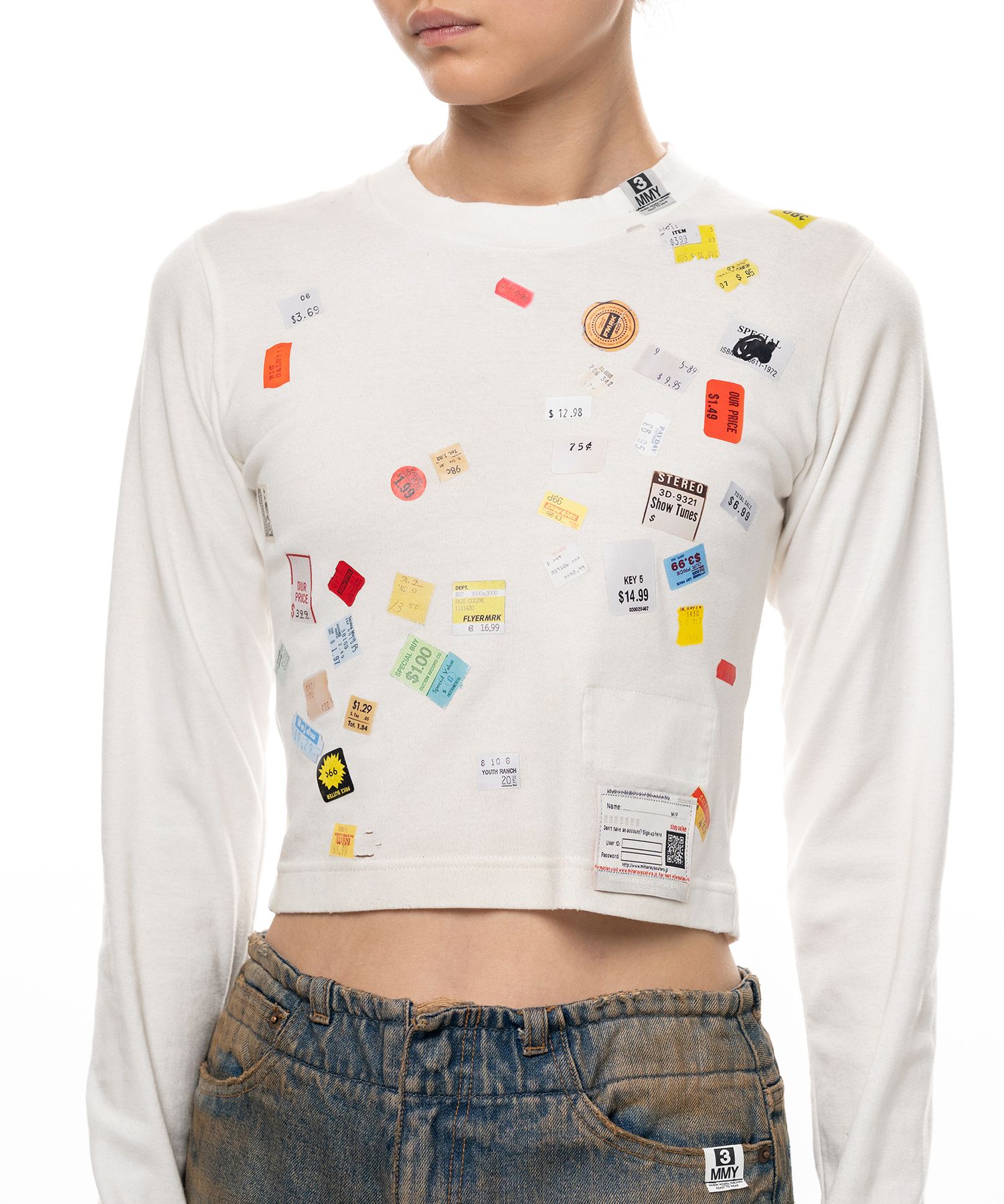 Price Tag Sticker Printed Cropped Long Sleeve T-shirt