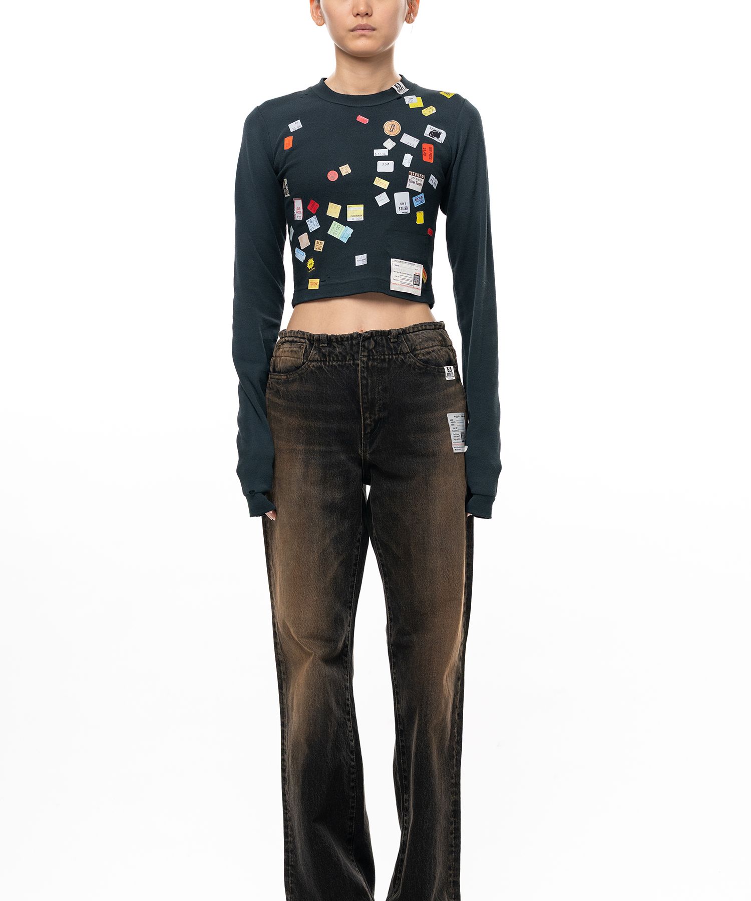 Price Tag Sticker Printed Cropped Long Sleeve T-shirt