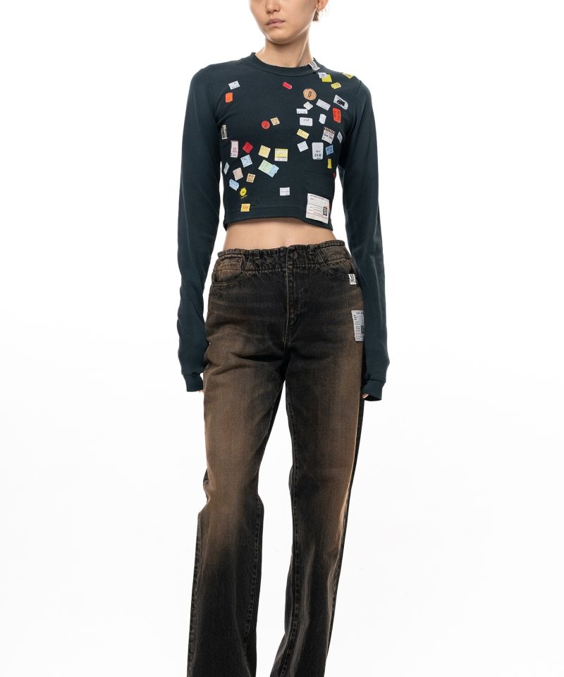 Price Tag Sticker Printed Cropped Long Sleeve T-shirt