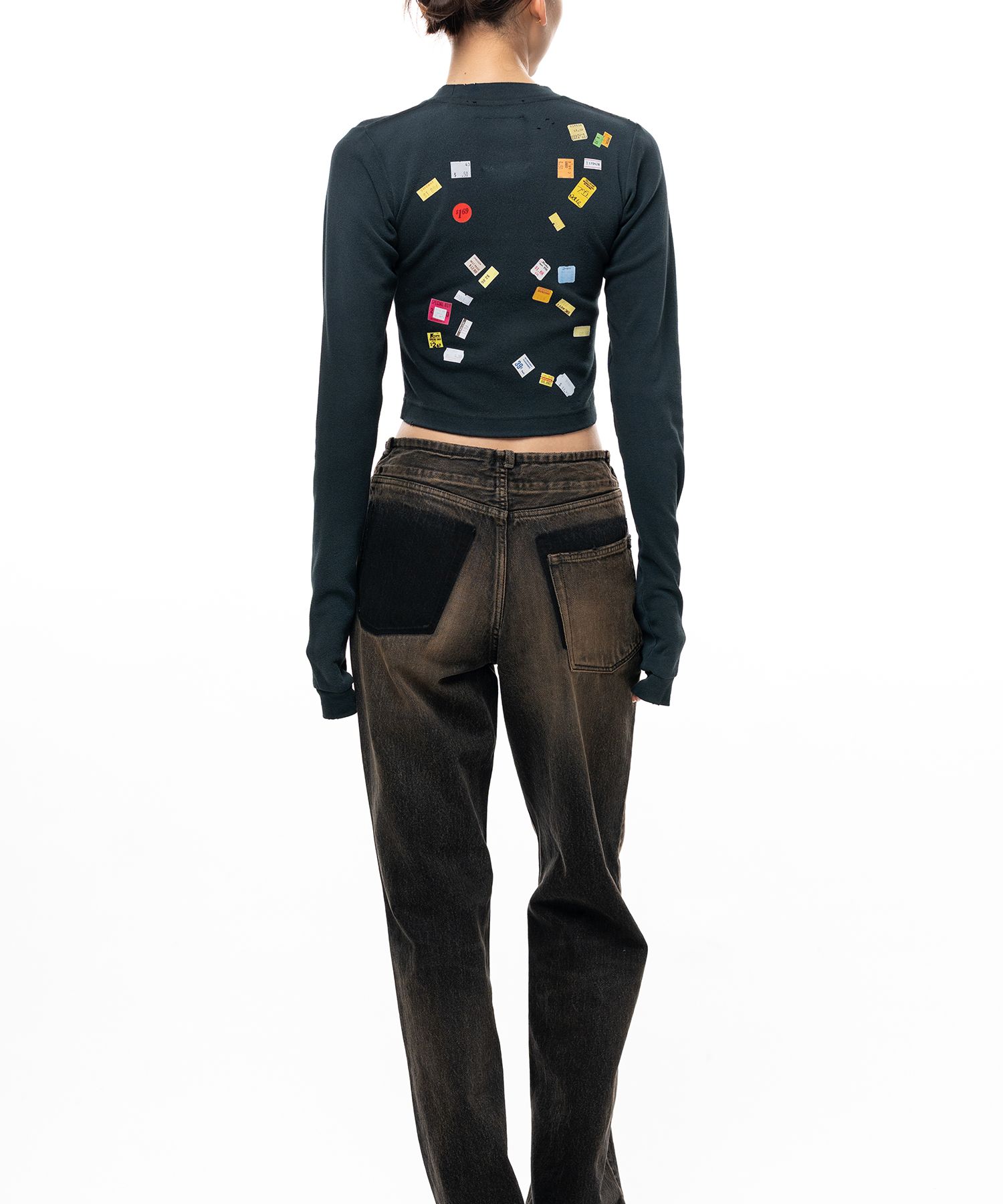 Price Tag Sticker Printed Cropped Long Sleeve T-shirt