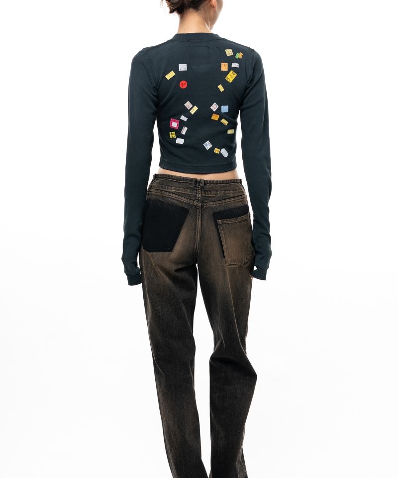 Price Tag Sticker Printed Cropped Long Sleeve T-shirt