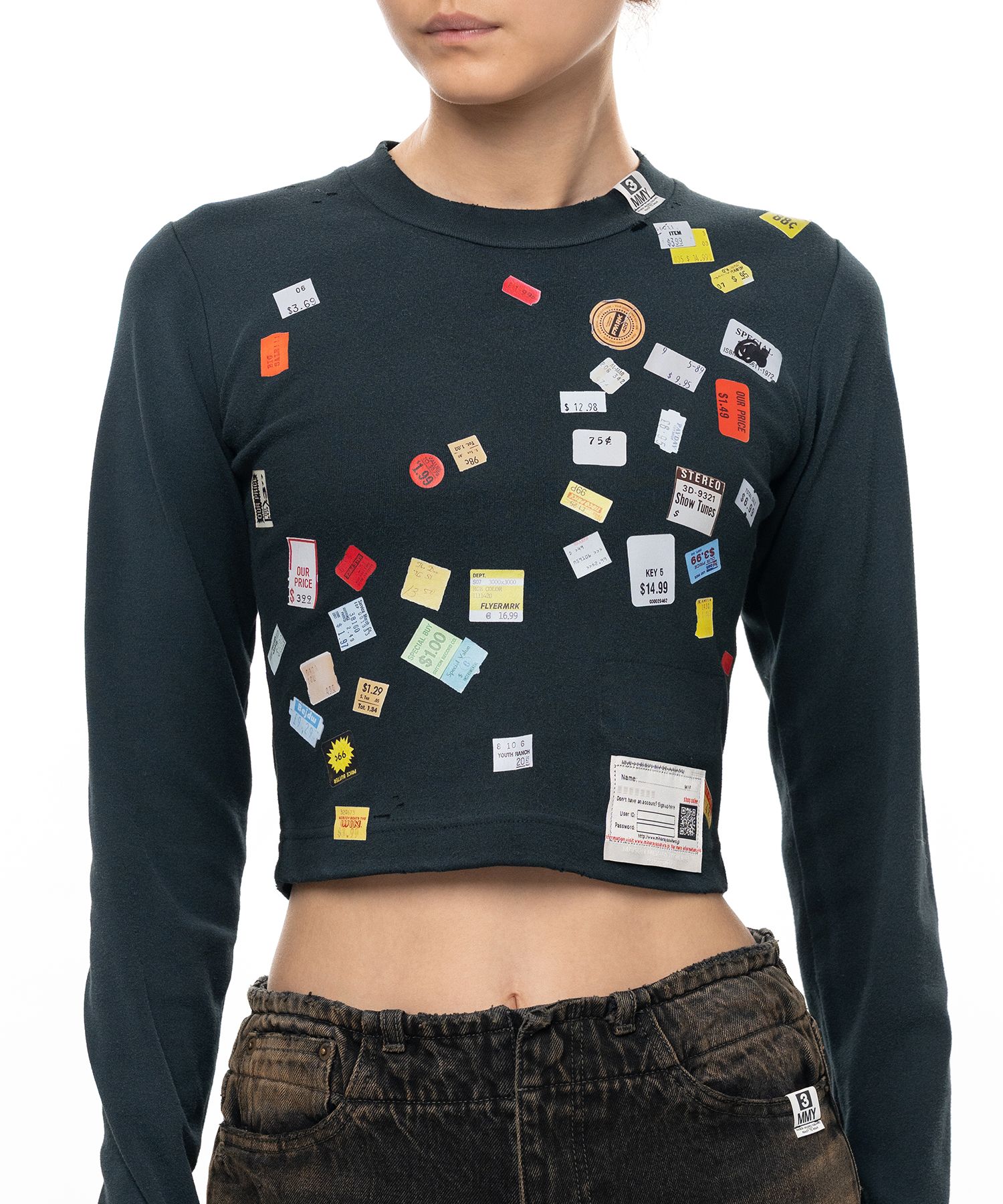 Price Tag Sticker Printed Cropped Long Sleeve T-shirt