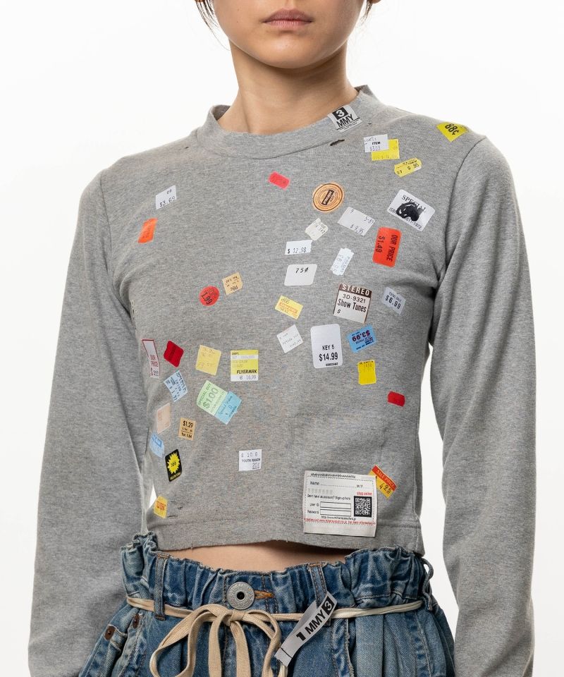 Price Tag Sticker Printed Cropped Long Sleeve T-shirt