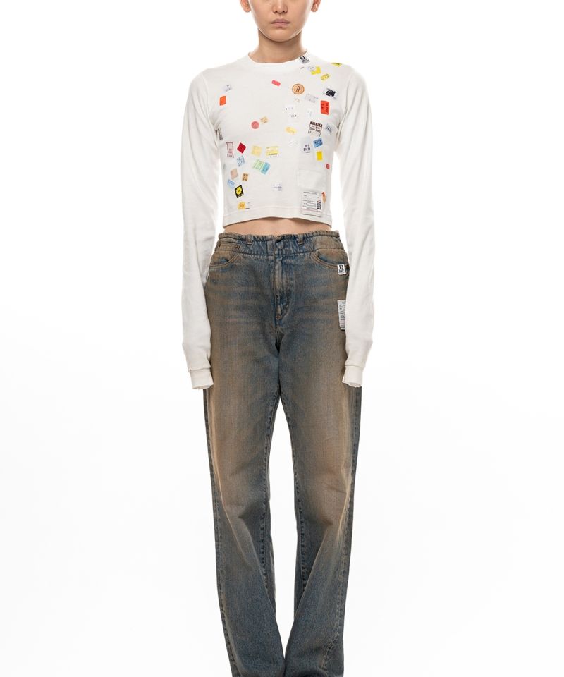 Price Tag Sticker Printed Cropped Long Sleeve T-shirt