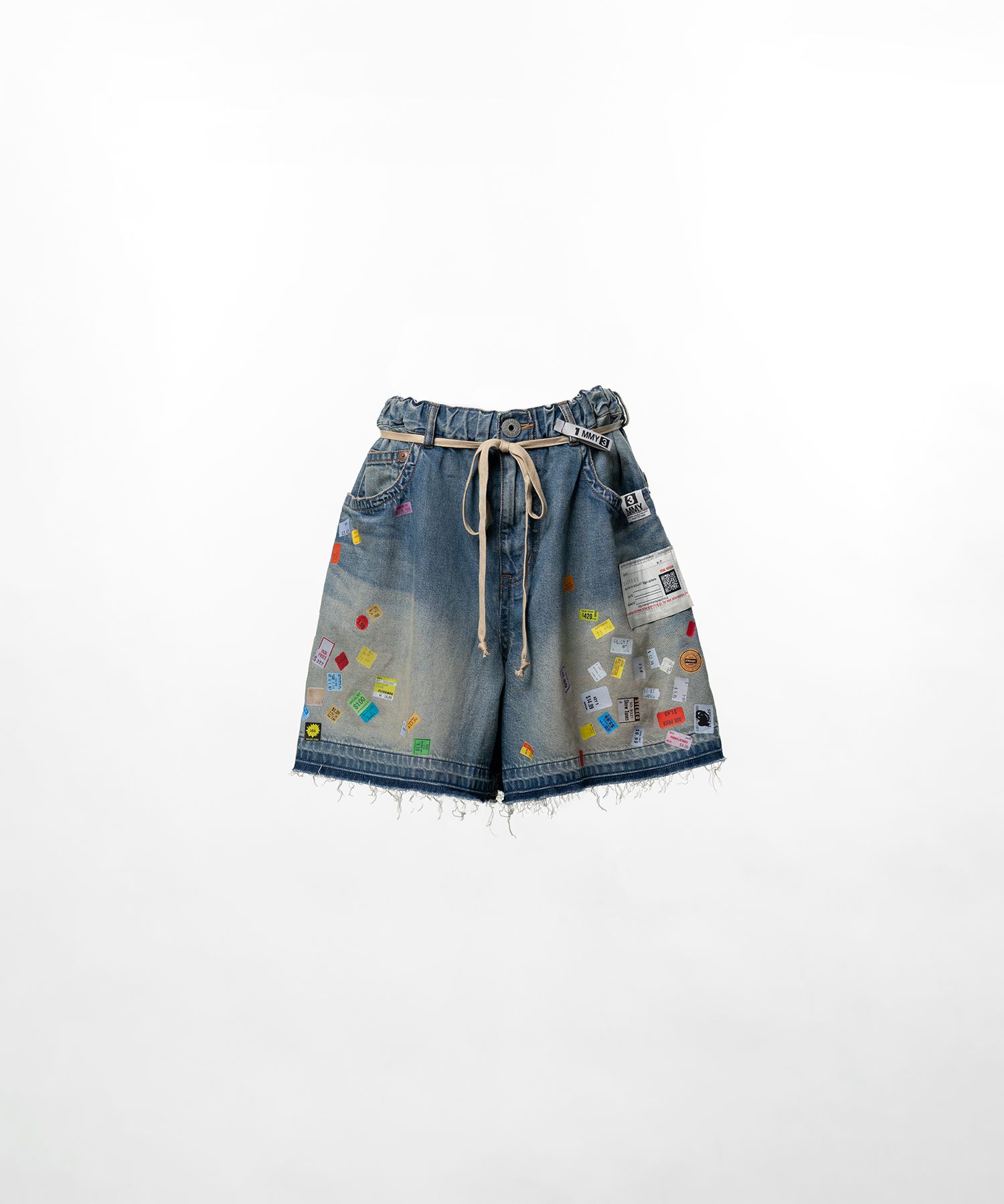Price Tag Printed Denim Gather Shorts