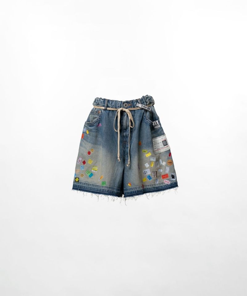 Price Tag Printed Denim Gather Shorts