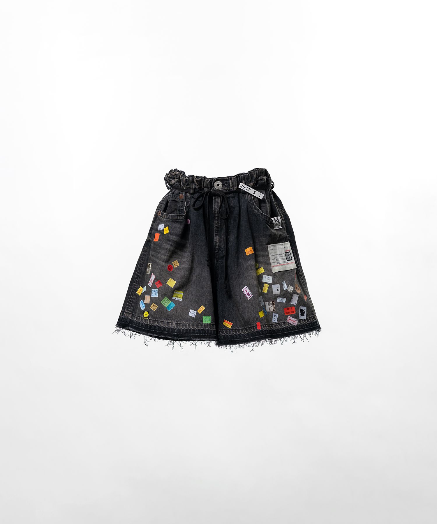 Price Tag Printed Denim Gather Shorts