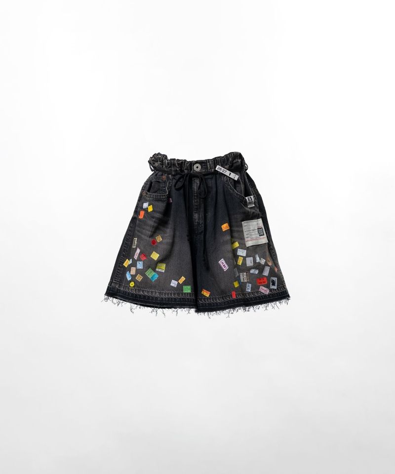 Price Tag Printed Denim Gather Shorts