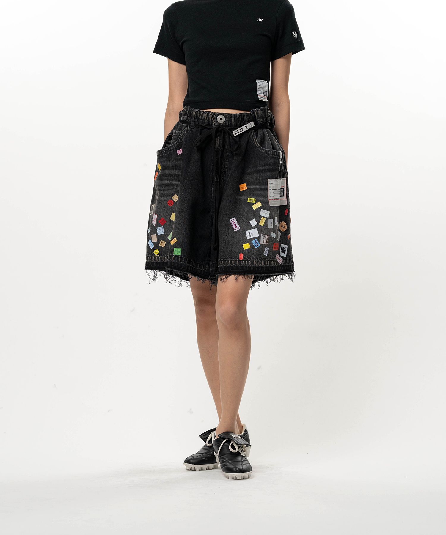 Price Tag Printed Denim Gather Shorts
