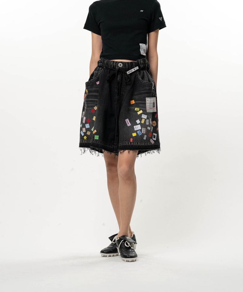 Price Tag Printed Denim Gather Shorts