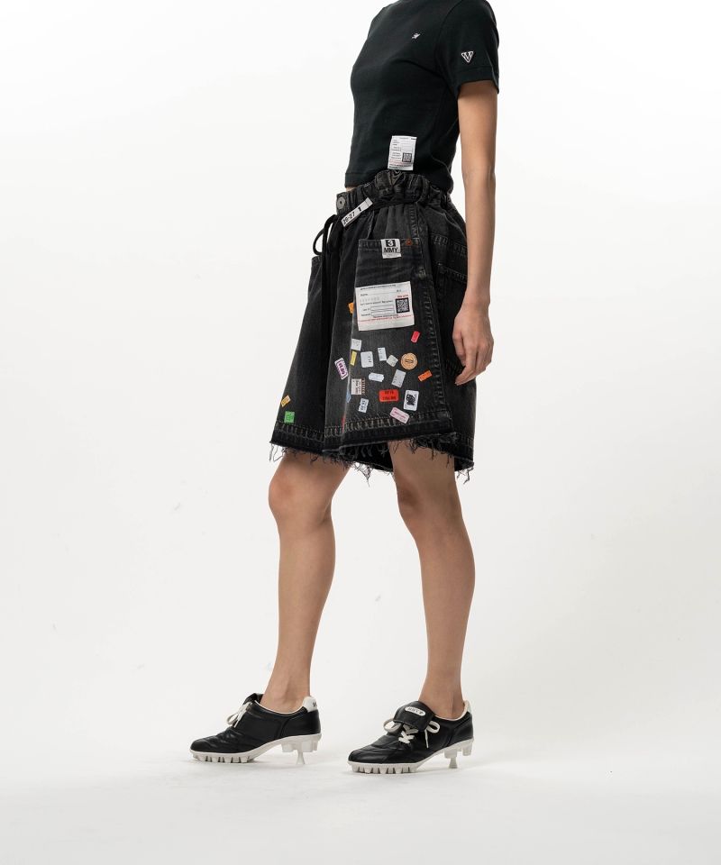 Price Tag Printed Denim Gather Shorts