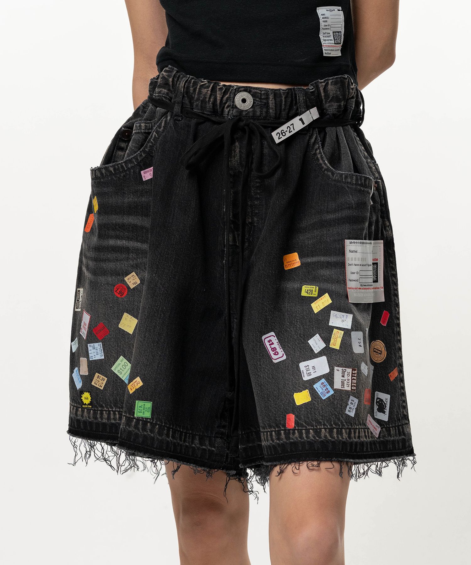 Price Tag Printed Denim Gather Shorts