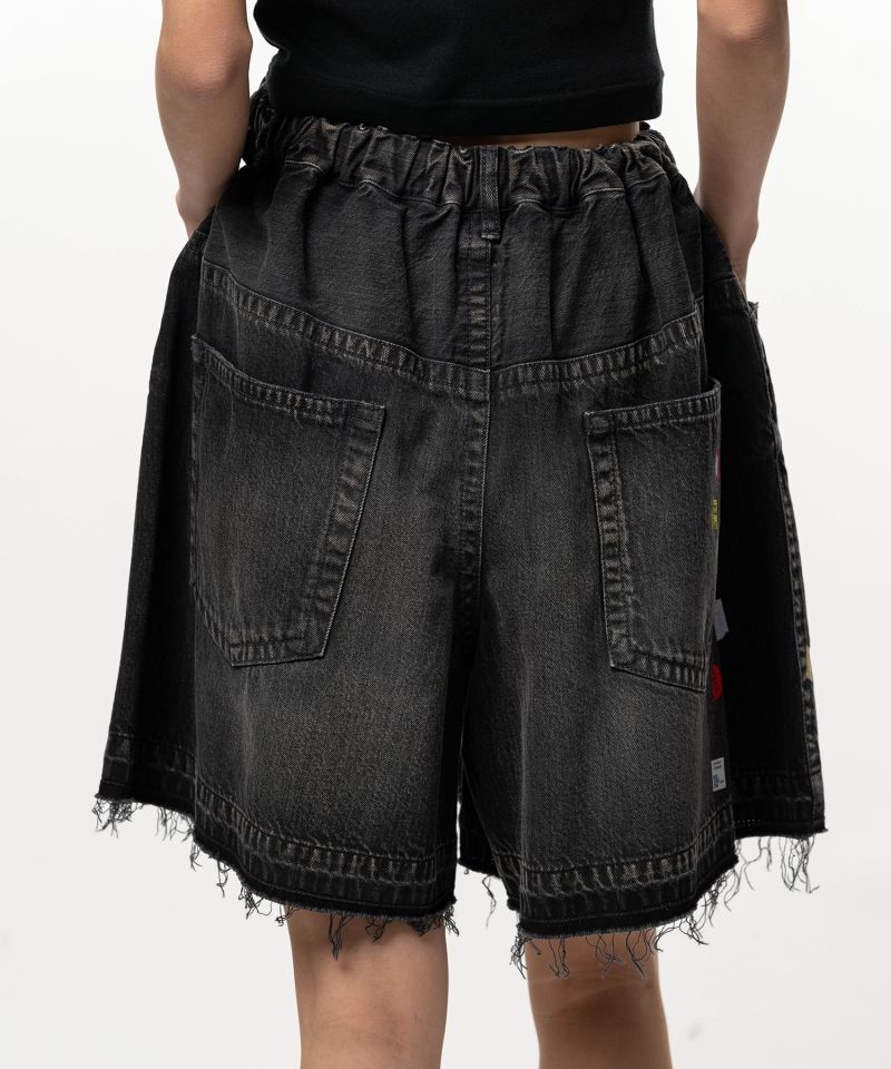 Price Tag Printed Denim Gather Shorts