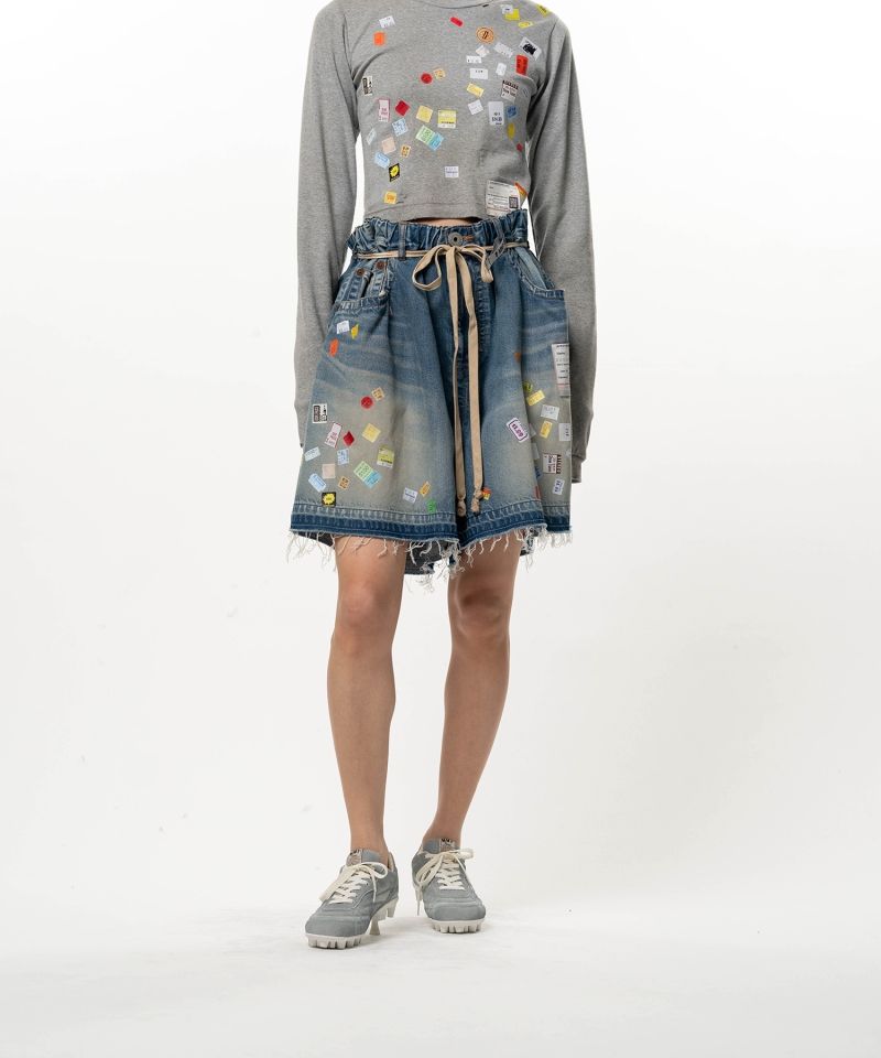 Price Tag Printed Denim Gather Shorts