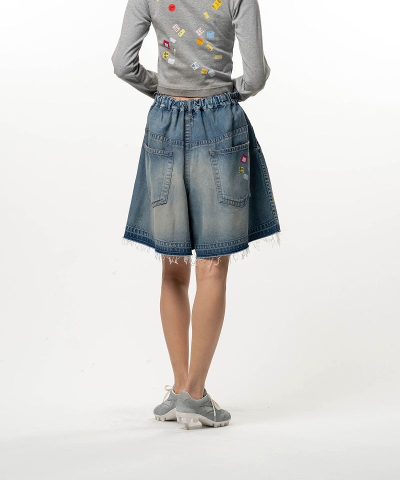 Price Tag Printed Denim Gather Shorts