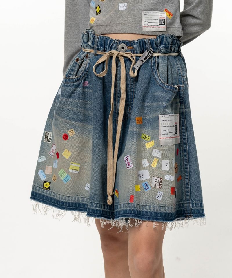 Price Tag Printed Denim Gather Shorts