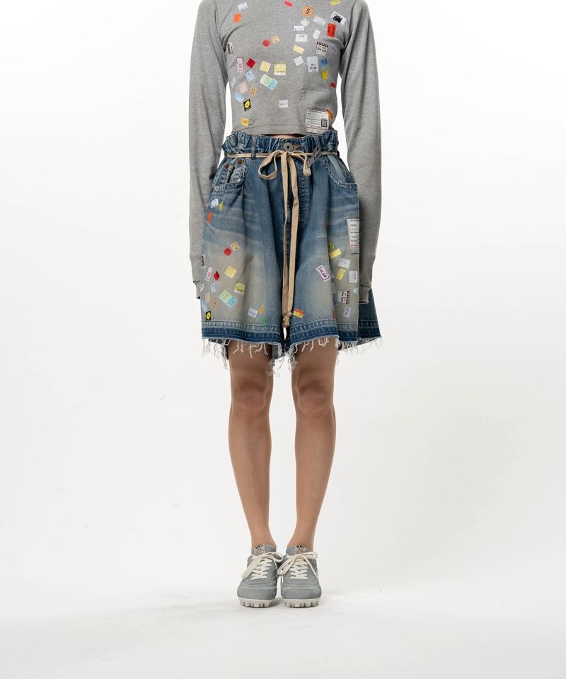 Price Tag Printed Denim Gather Shorts