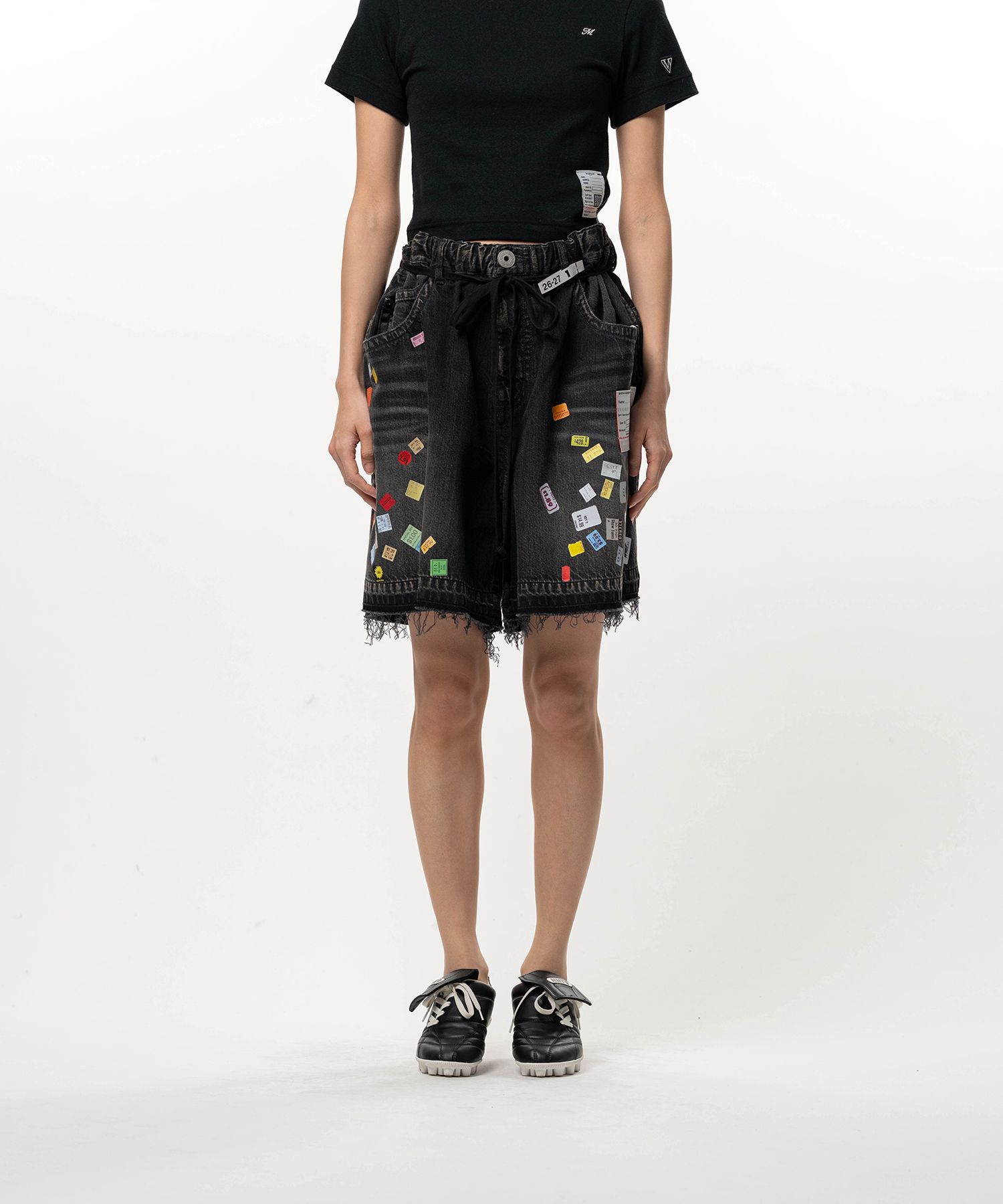 Price Tag Printed Denim Gather Shorts