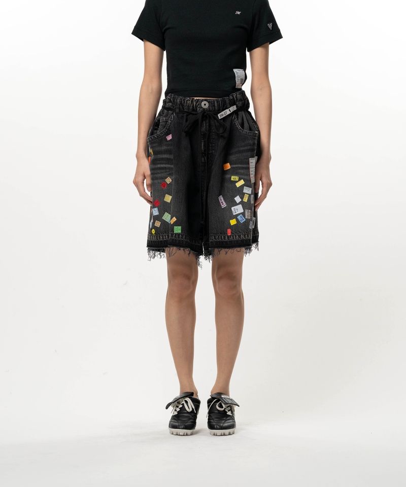 Price Tag Printed Denim Gather Shorts