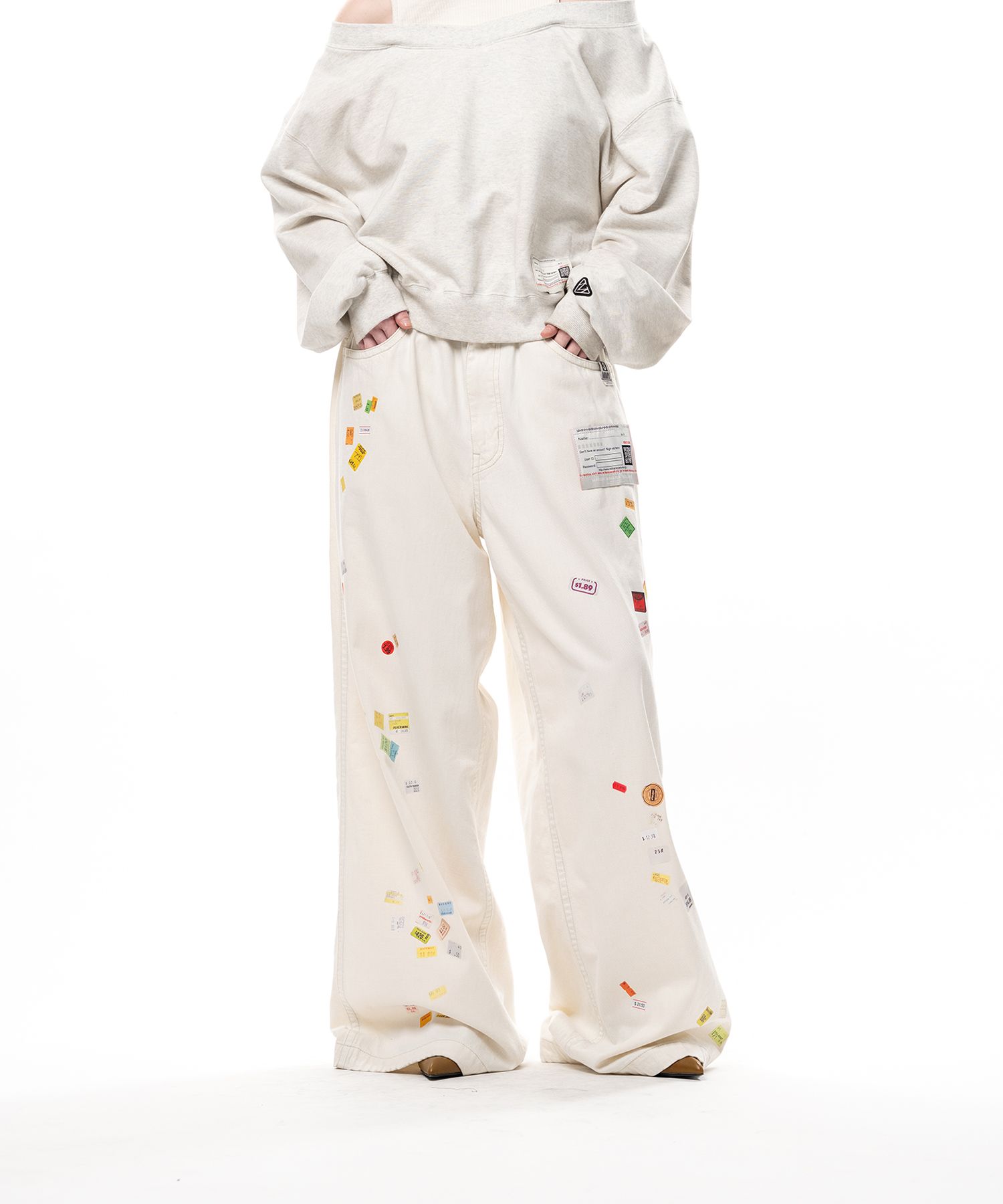 Price Tag Sticker Printed Wide Denim Pants