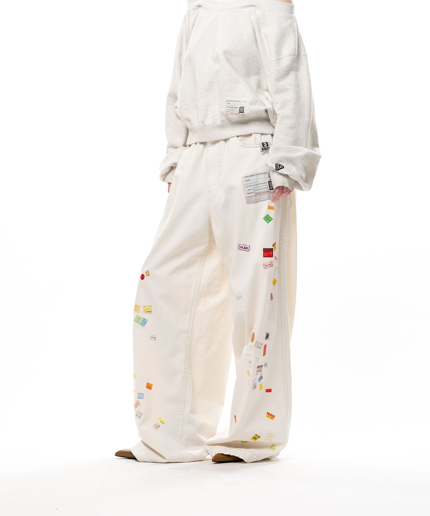 Price Tag Sticker Printed Wide Denim Pants