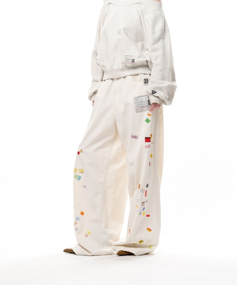 Price Tag Sticker Printed Wide Denim Pants