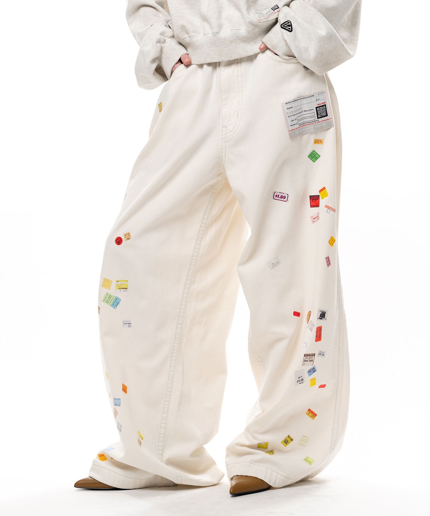 Price Tag Sticker Printed Wide Denim Pants