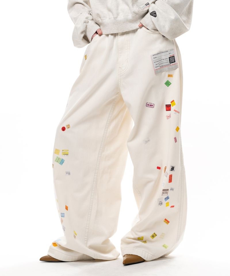 Price Tag Sticker Printed Wide Denim Pants