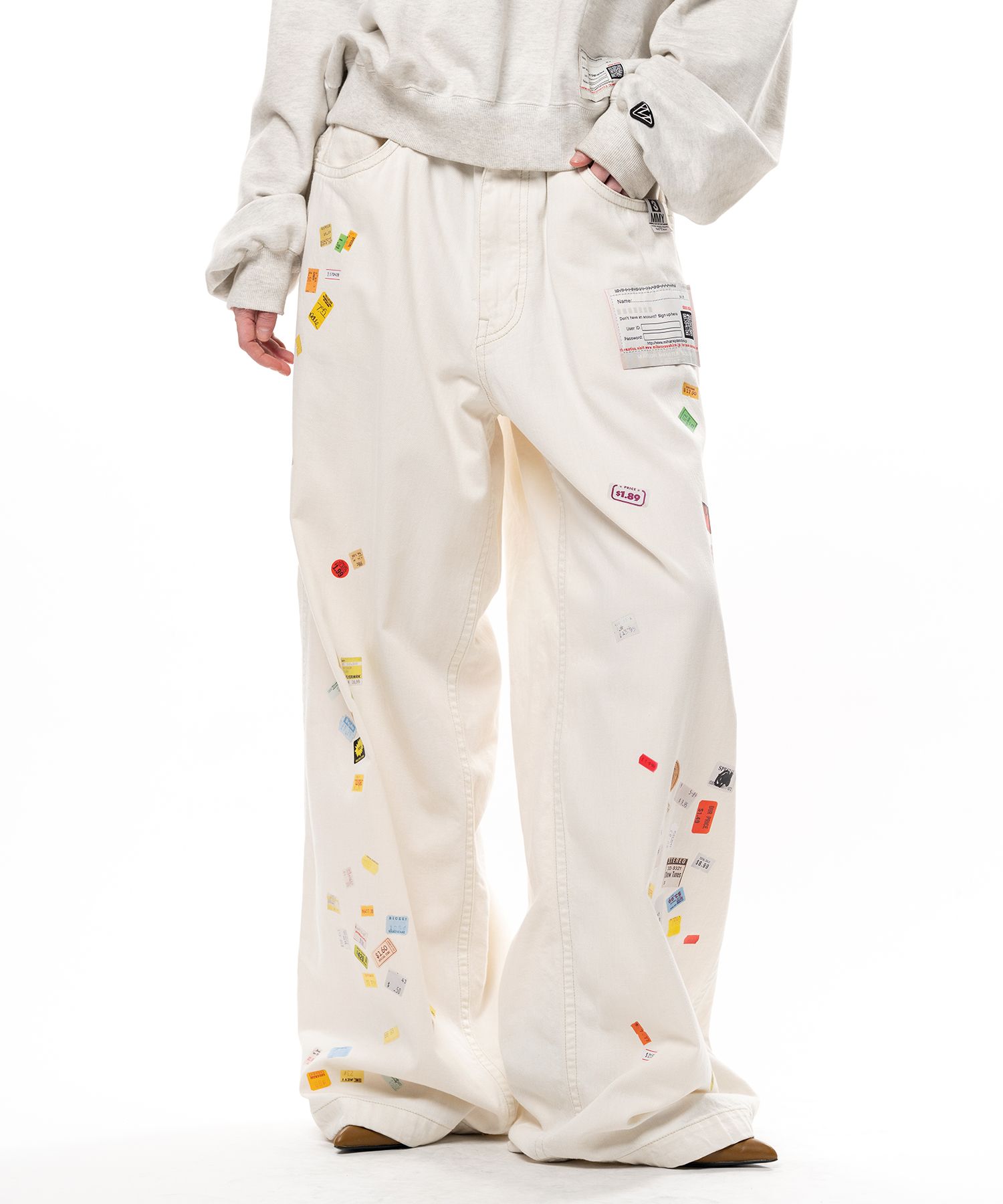 Price Tag Sticker Printed Wide Denim Pants