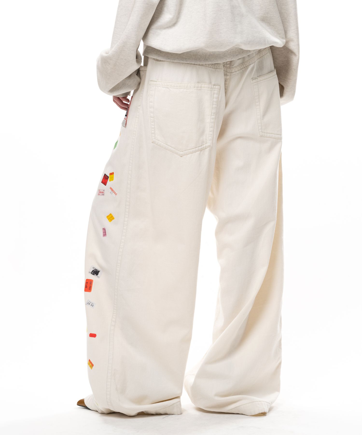 Price Tag Sticker Printed Wide Denim Pants