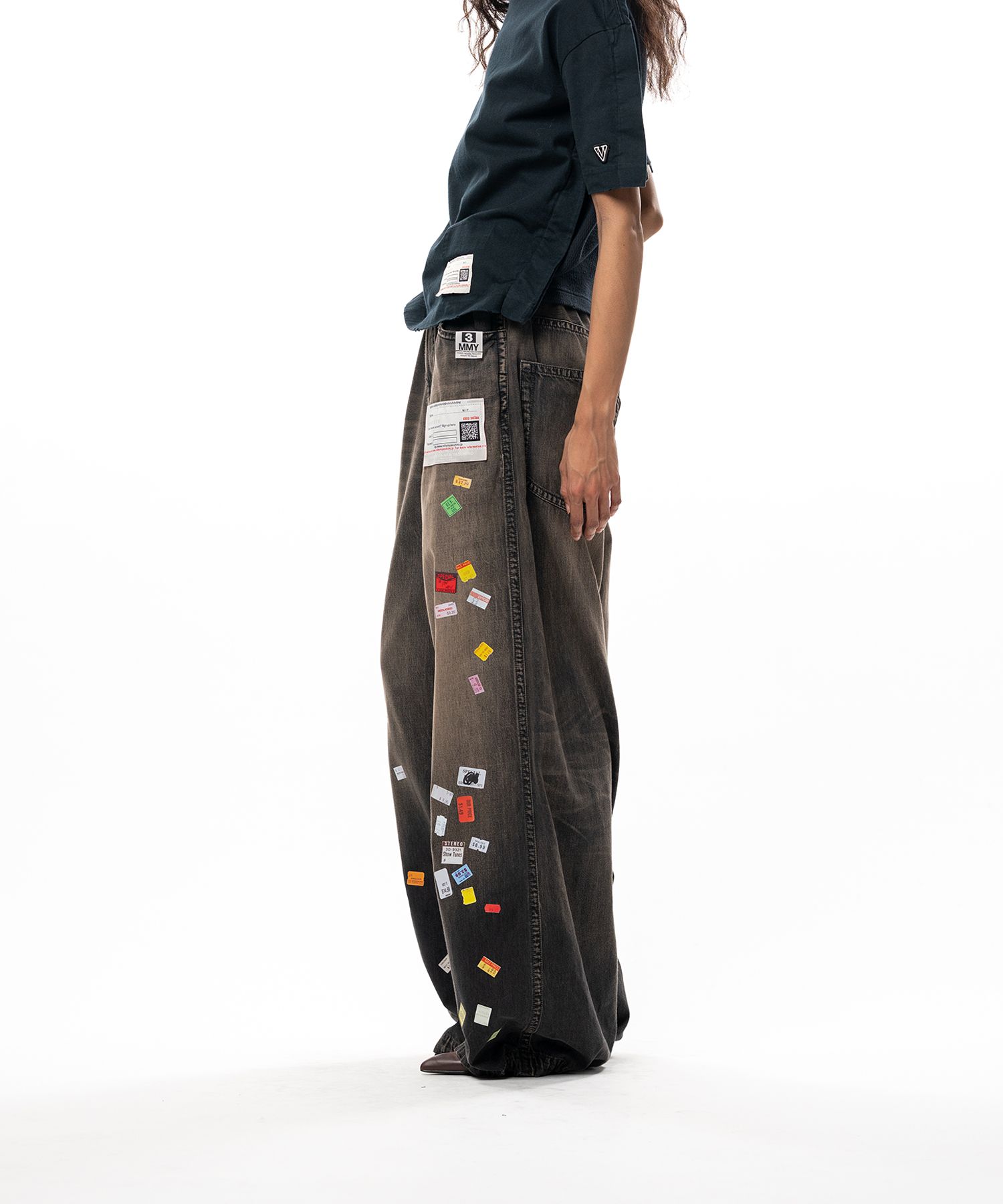 Price Tag Sticker Printed Wide Denim Pants