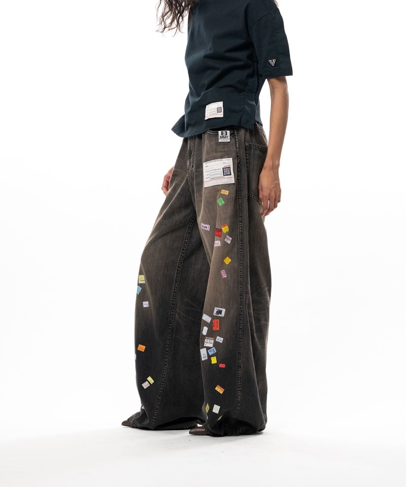Price Tag Sticker Printed Wide Denim Pants